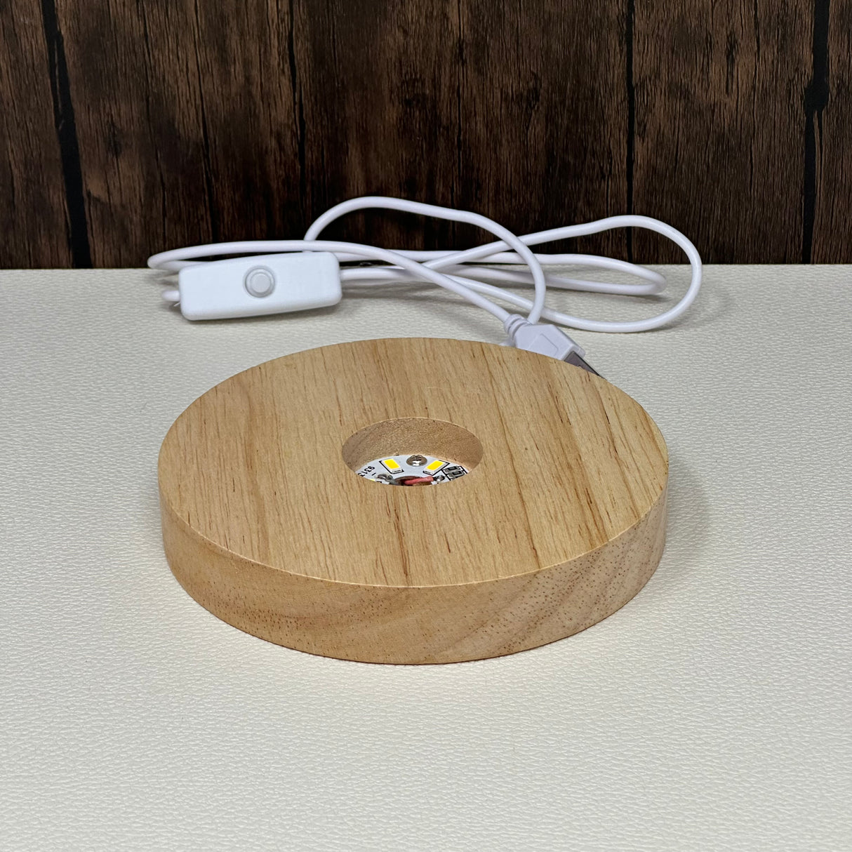 Large Wooden Light Base - Round with Warm Light & USB plug