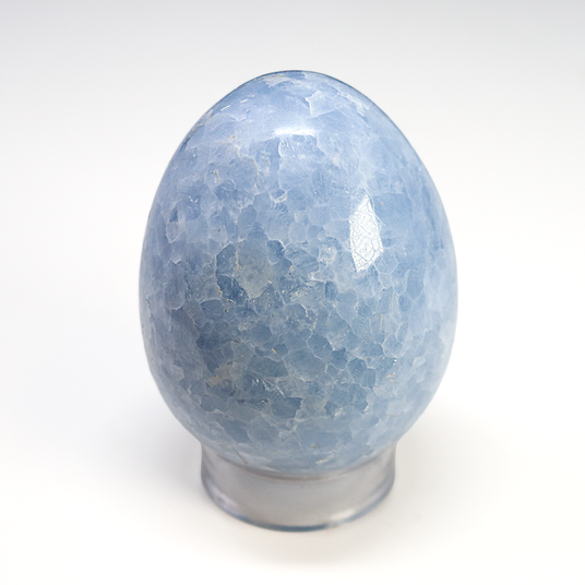 View of Blue Calcite Egg on Lucite Stand from Madagascar