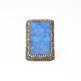 Natural Blue Druze Ring -Rectangle With Gold Crystals & Marcasite Szadj