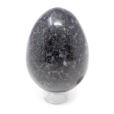 View of Indigo Gabbro Egg aka Merlinite on Lucite Stand