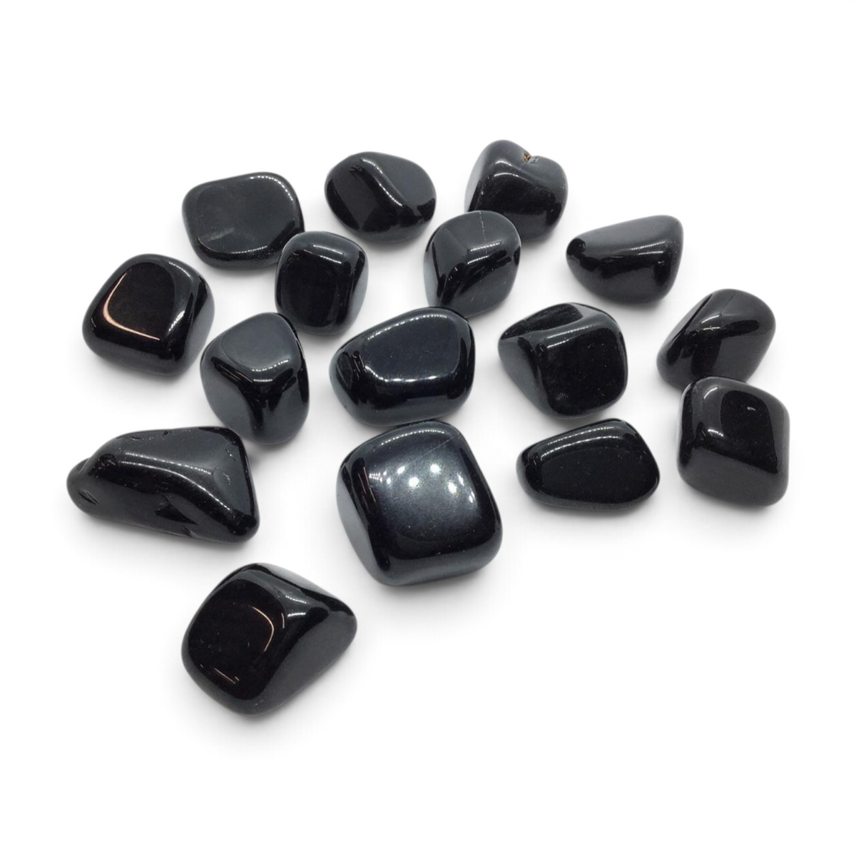 Rare Earth Gallery tumbled black obsidian stones from Mexico with a smooth, polished finish on a white background.