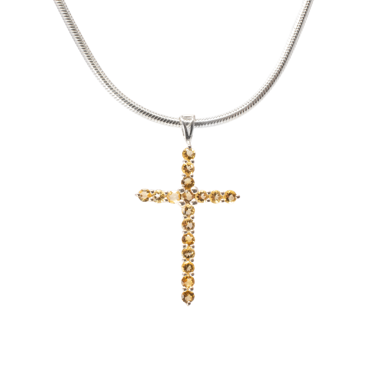View of Citrine Cross Pendant - 17 Dainty Faceted Rounds Set on 925 Sterling Silver Cross