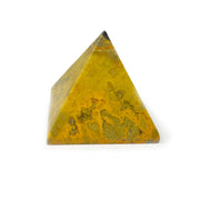 Bumblebee jasper pyramid with yellow body, gray patches and orange banded base