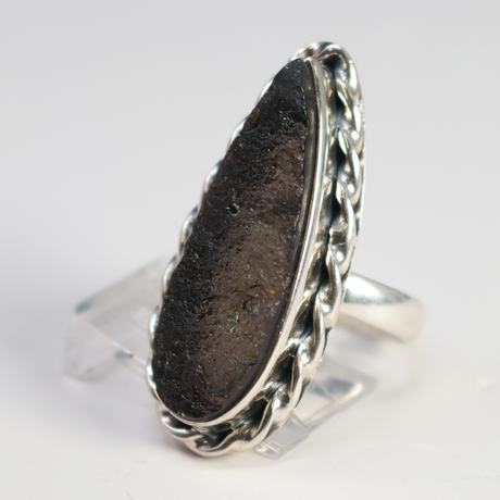 View of Agni Manitite aka Pearl Of Fire Tektite Ring - Organic Elongated Pear with 925 Sterling Silver Twist Bezel Edge sz7