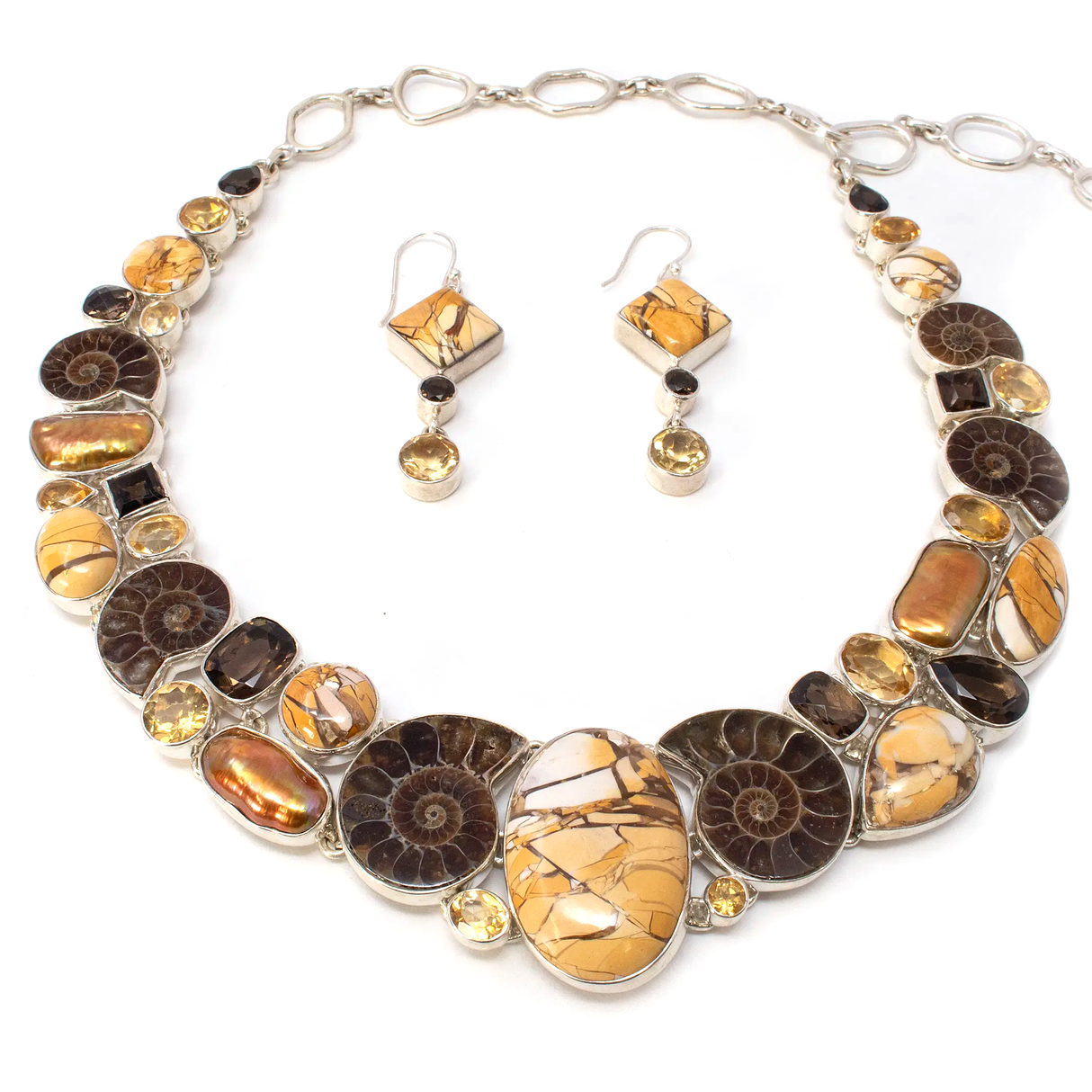View of Brecciated Mookaite Jasper Set (Necklace & Dangle Earrings) with Ammonite, Citrine, Smoky Quartz & Freshwater Pearls