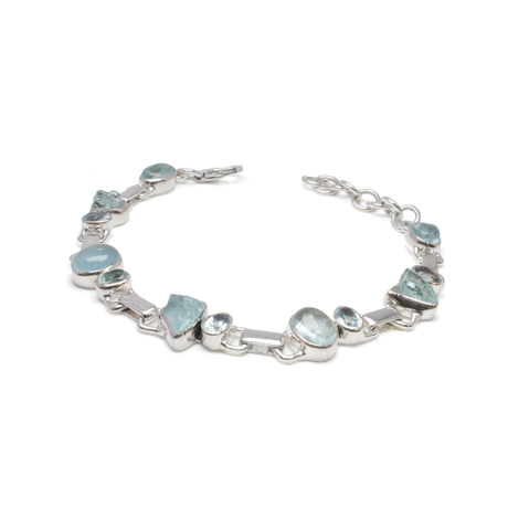 View of Aquamarine Link Bracelet - Rough Nuggets & Oval Cabochons with Faceted Blue Topaz Ovals - 925 Sterling Silver Bezels & Links