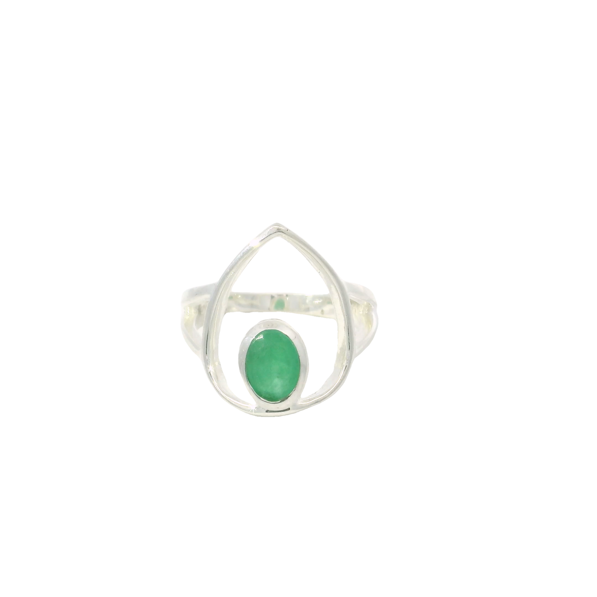 View of Emerald Ring - Faceted Oval Set on 925 Sterling Silver Bezel on Open Silver Pear sz9