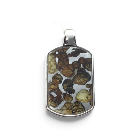 Seymchan meteorite dog-tag pendant, silver metal matrix with amber olivine crystals in a silver bezel