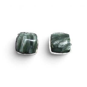 View of Seraphinite Stud Earrings - Simple Square Cabochon With Silver Bezel