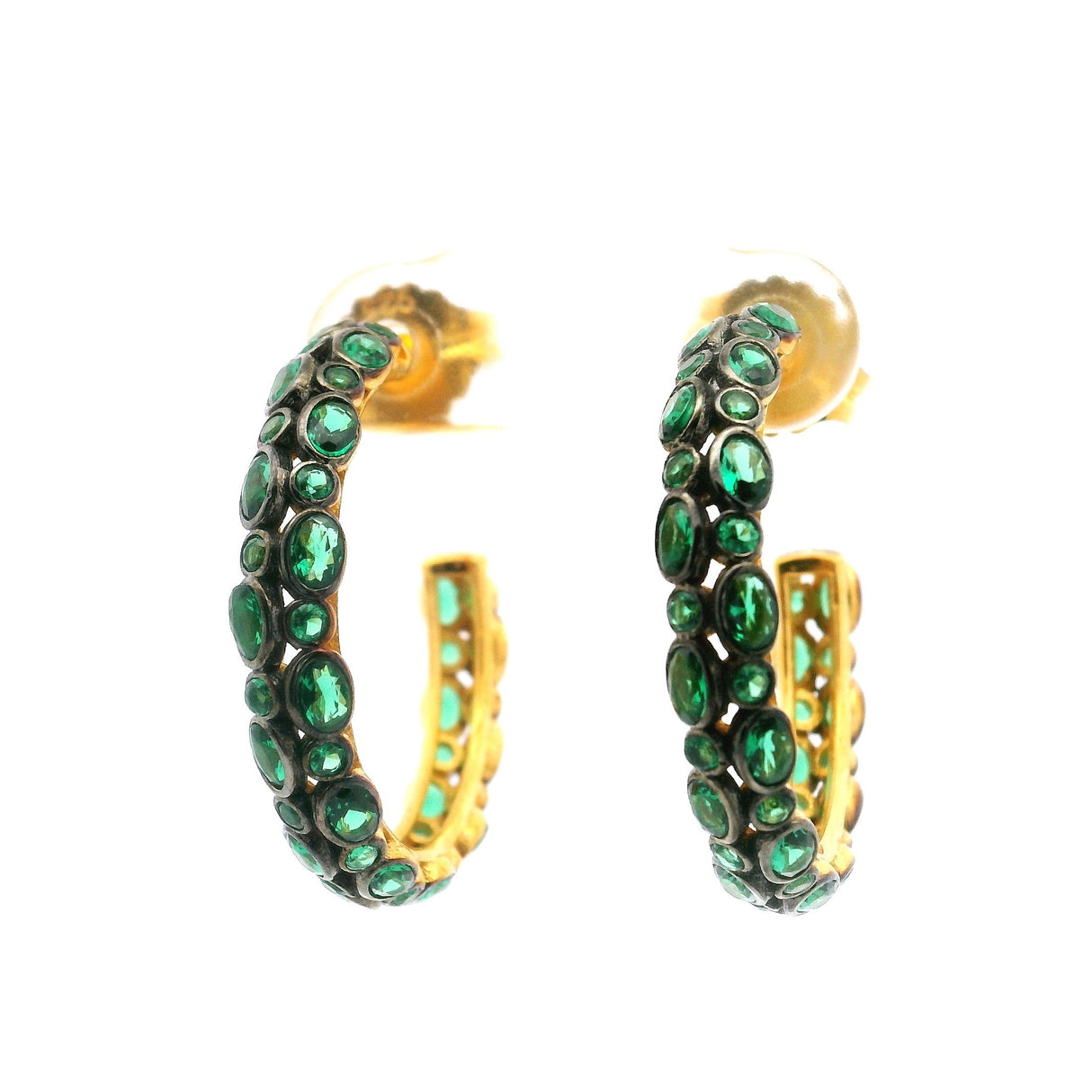Nano Stone Hoop Earrings - Double Line of Green Stones Bezel Set in Gold Vermeil over 925 Sterling Silver