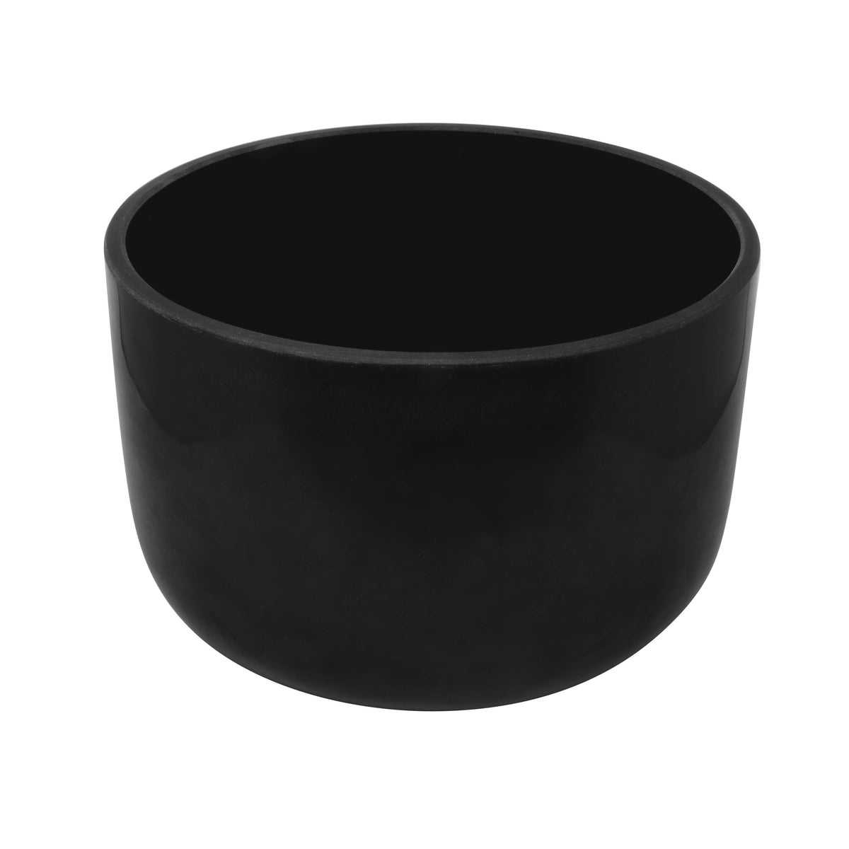 Wide glossy black 10-inch gem-infused quartz crystal singing bowl, interior visible