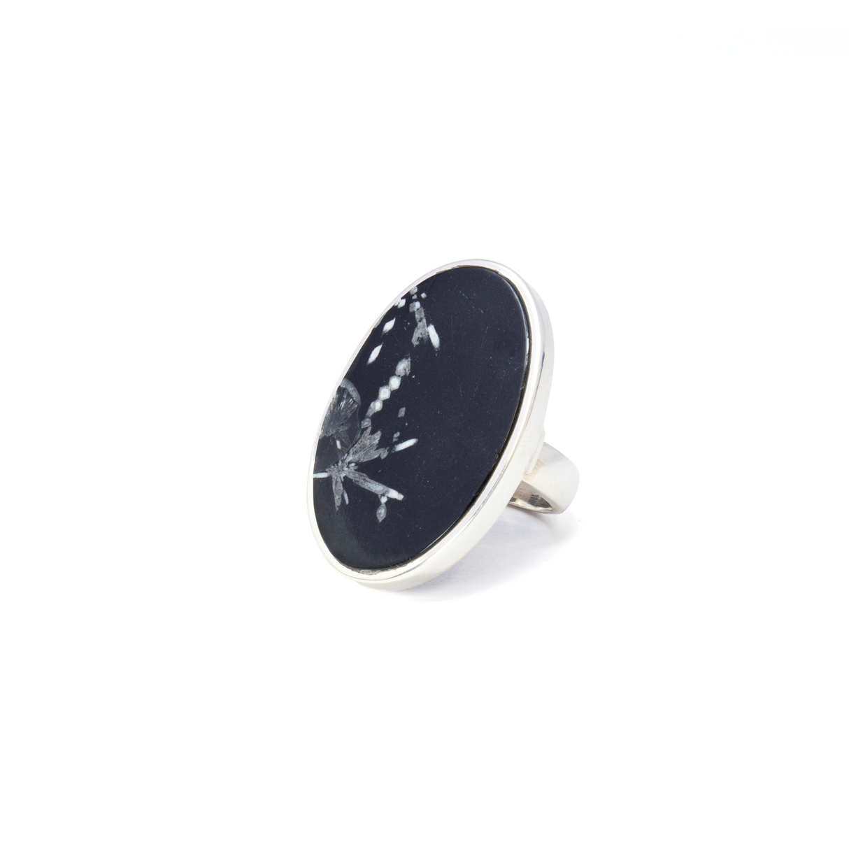 View of Chrysanthemum Stone Ring - Classic Flat Cut Oval with 925 Sterling Silver Bezel & Band sz8-ADJ