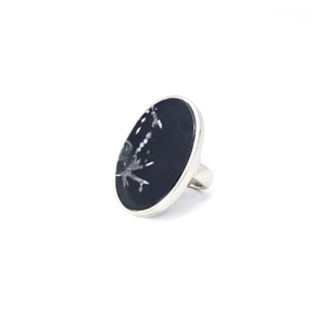 View of Chrysanthemum Stone Ring - Classic Flat Cut Oval with 925 Sterling Silver Bezel & Band sz8-ADJ