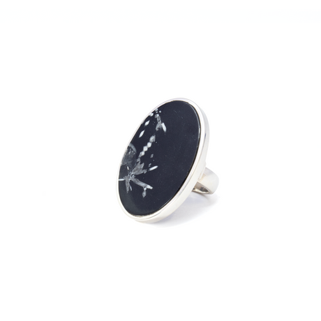 View of Chrysanthemum Stone Ring - Classic Flat Cut Oval with 925 Sterling Silver Bezel & Band sz8-ADJ