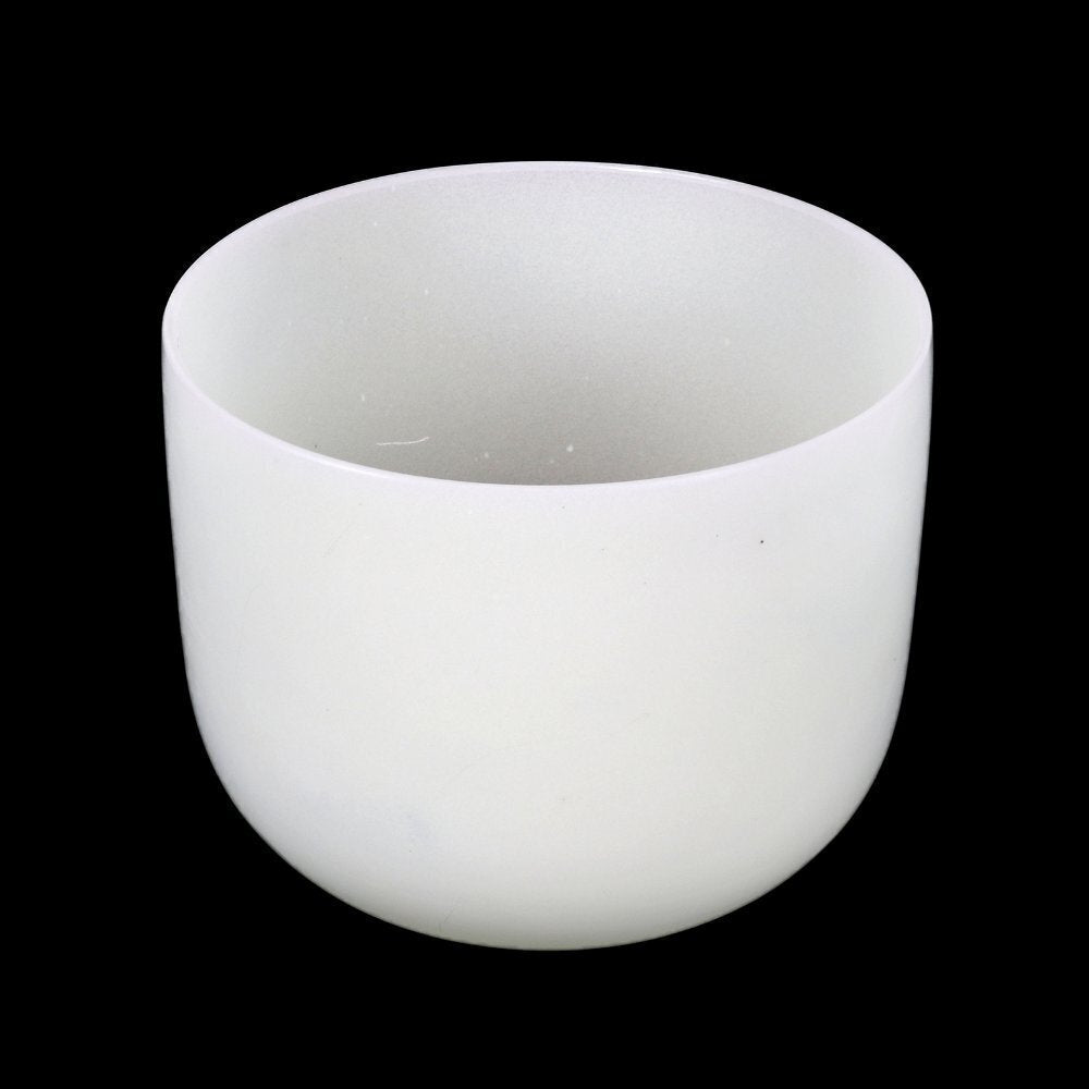 10" frosted white quartz singing bowl, D note, shown against a black background
