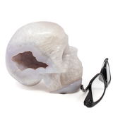 View of Agate Geode Skull Carving with Periwinkle Blue Druze Pocket