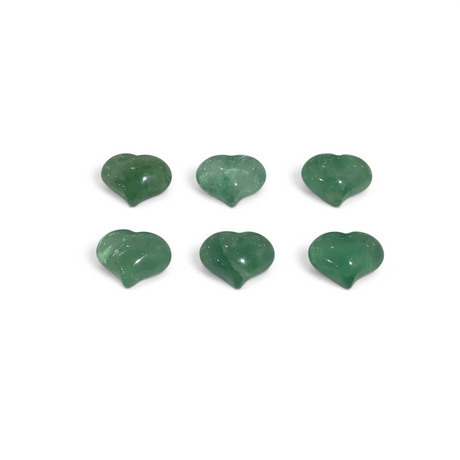 Six polished green fluorite hearts with a translucent glassy sheen arranged in two rows