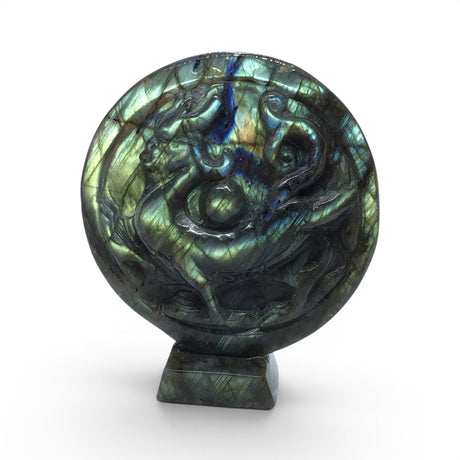 View of Labradorite Dragon Carving in Circle with Base - Chinese 4 Constellations