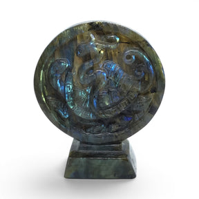 View of Labradorite Turtle & Snake Carving in Circle with Base - Chinese 4 Constellations
