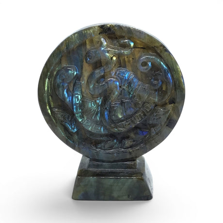 View of Labradorite Turtle & Snake Carving in Circle with Base - Chinese 4 Constellations