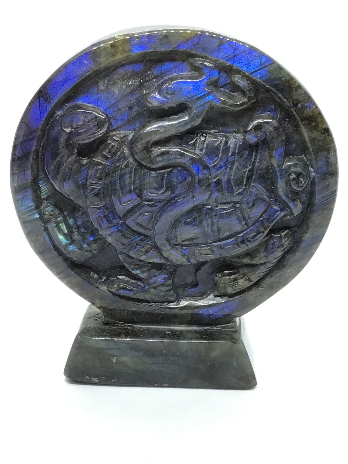 View of Labradorite Turtle & Snake Carving in Circle with Base - Chinese 4 Constellations
