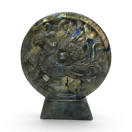 View of Labradorite Phoenix Auspicious Carving in Circle with Base - Chinese 4 Constellations