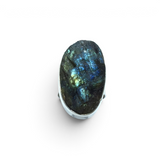 View of Labradorite Ring - Rough Oval with Simple 925 Sterling Silver Bezel & Band sz7.5-Adj