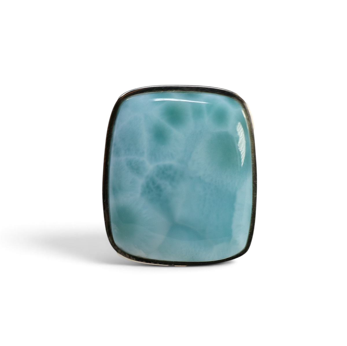View of Larimar Ring - Rectangle Cabochon Set in Simple 925 Sterling Silver Bezel & Band sz8.75