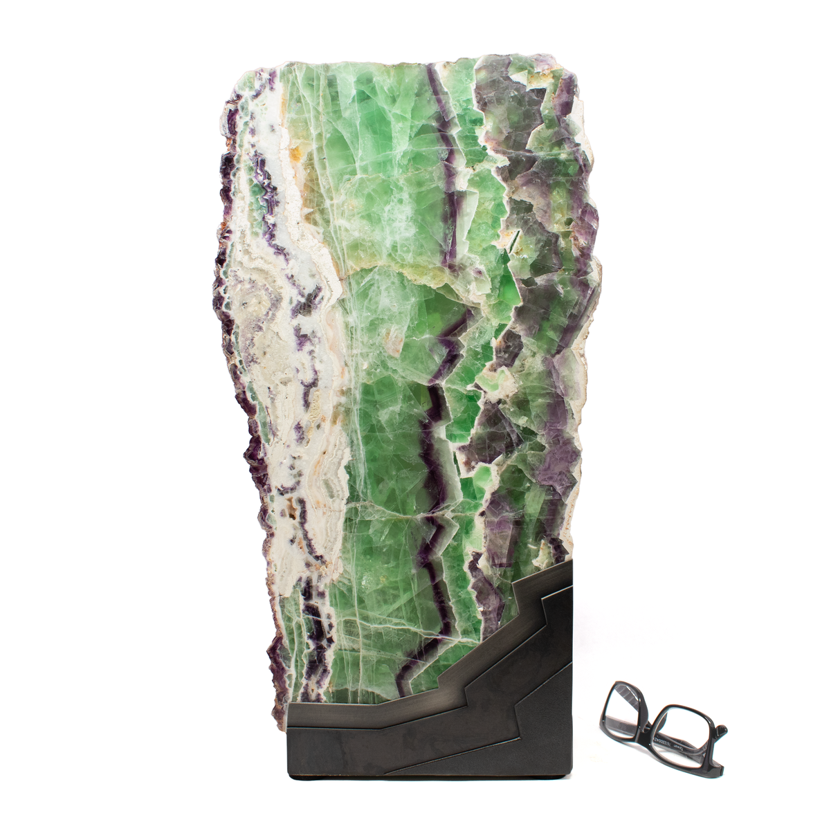 Rainbow Fluorite Table Lamp - Slice Set Vertical With Natural Live Edge