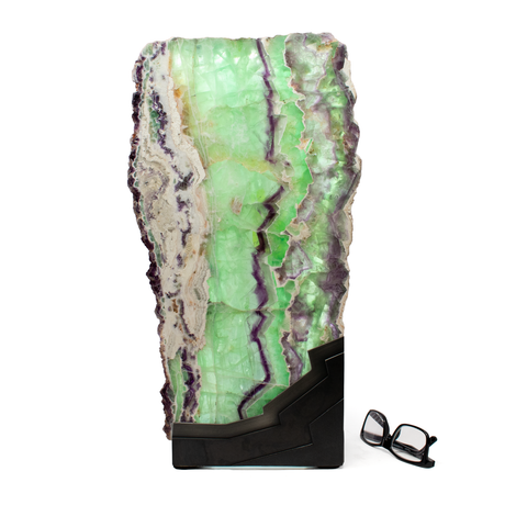 View of Rainbow Fluorite Table Lamp - Slice Set Vertical With Natural Live Edge