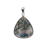 Moss Agate Pendant - Wide Pear Cabochon with Simple 925 Sterling Silver Bezel