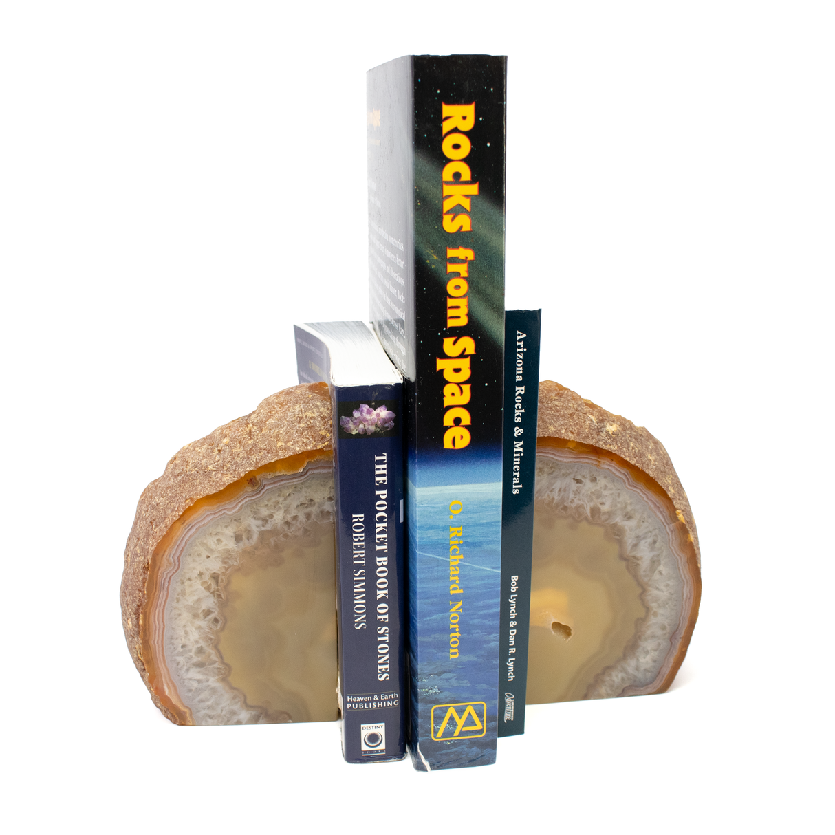 View of Agate Druze Geode Bookends - Mustard Yellow Center with Quartz Layer & Pink Agate along Edge