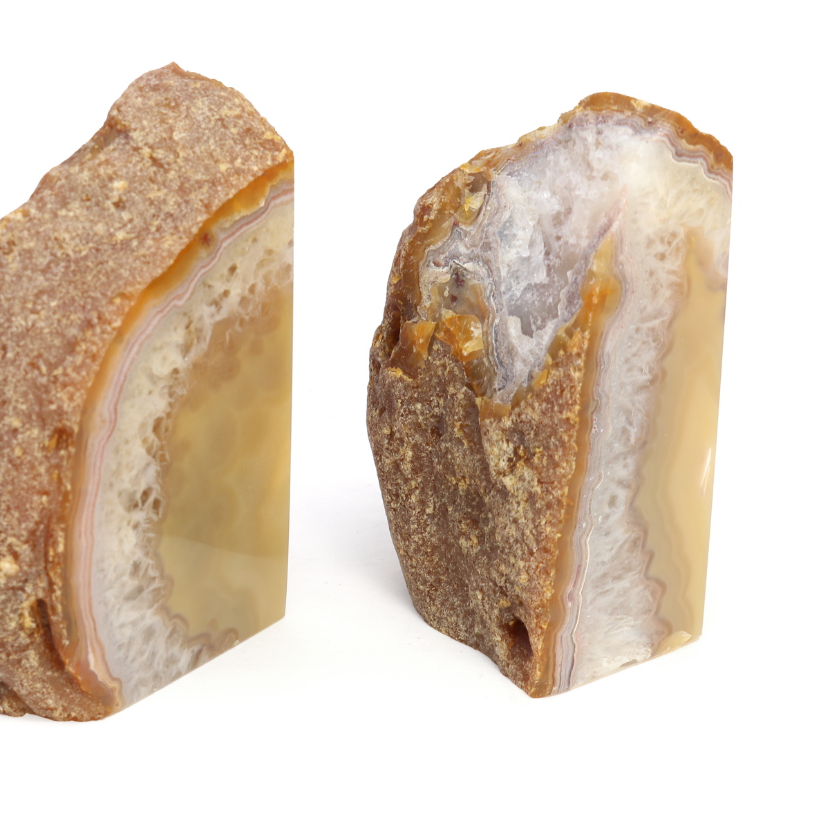 Agate Druze Geode Bookends - Mustard Yellow Center with Quartz Layer & Pink Agate along Edge
