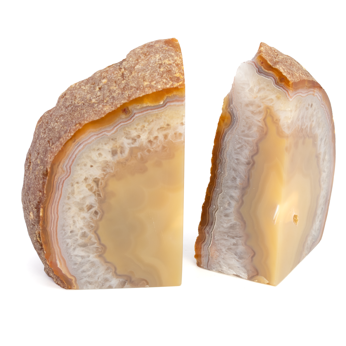 Agate Druze Geode Bookends - Mustard Yellow Center with Quartz Layer & Pink Agate along Edge