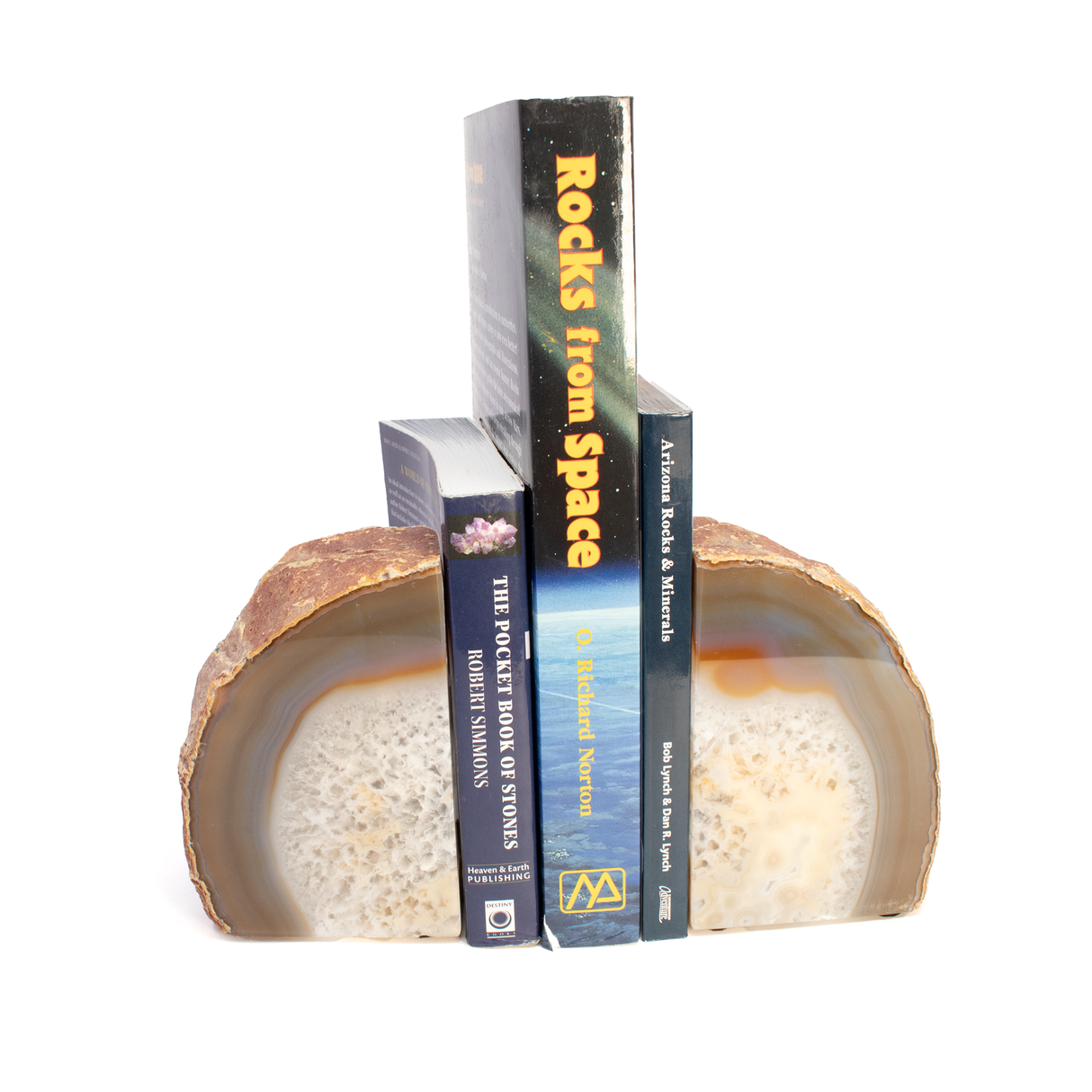 View of Agate Geode Bookends - Brown & Blue Bands with Quartz Center