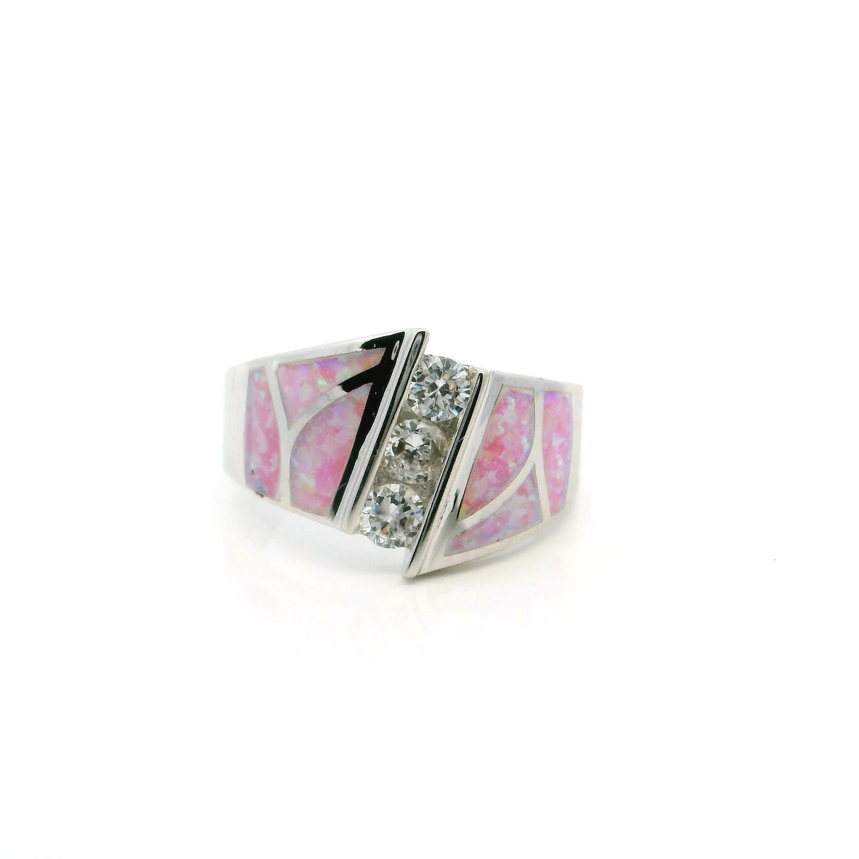 Pink Opal Ring Size 8 - Curved Inlay Band with White Czs