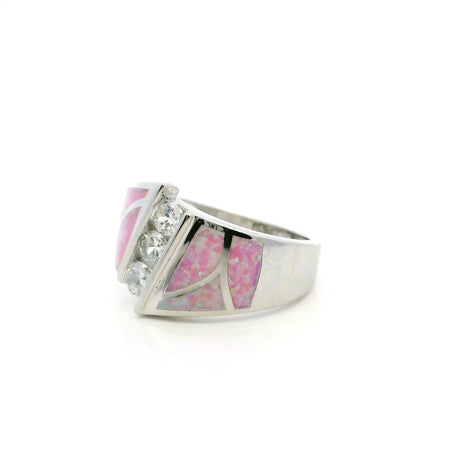 View of Pink Opal Ring Size 8 - Curved Inlay Band with White Czs
