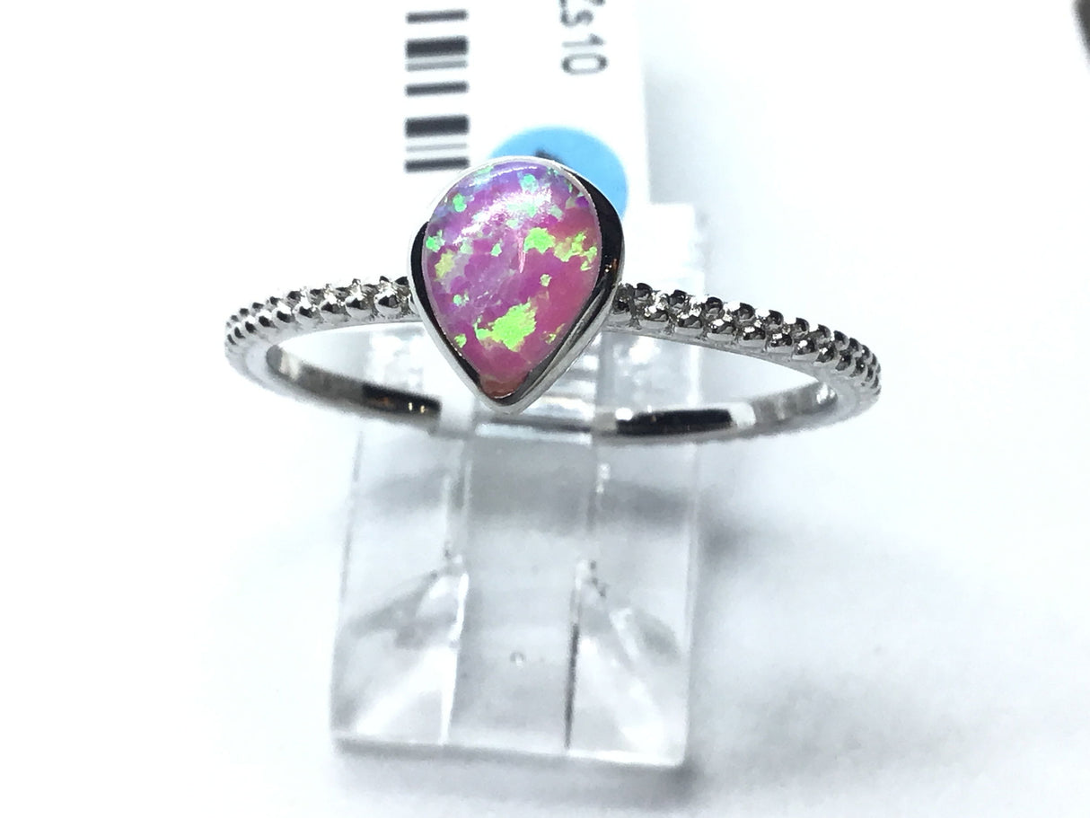 View of Pink Opal Ring with Textured Band - Pear Shape Sz10