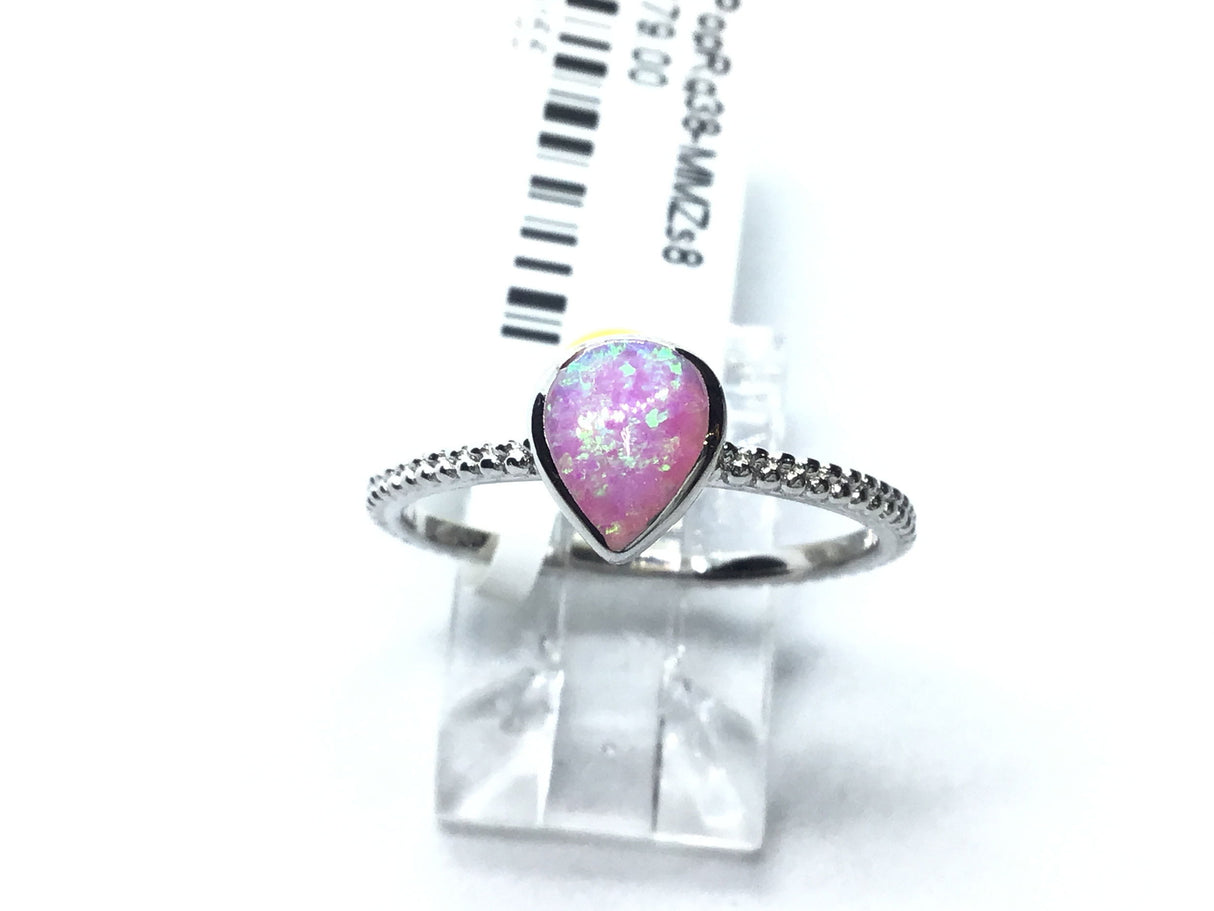 View of Pink Opal Ring with Textured Band - Pear Shape Sz8