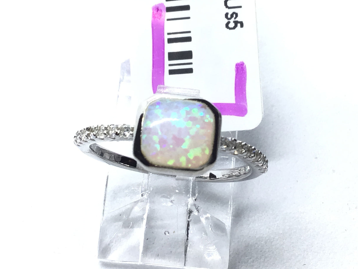 View of White Opal Ring with CZ Pave Band - Square Shape Sz5