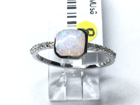 View of White Opal Ring with CZ Pave Band - Square Shape Sz8
