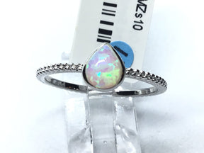 View of White Opal Ring with Textured Band - Pear Shape Sz10