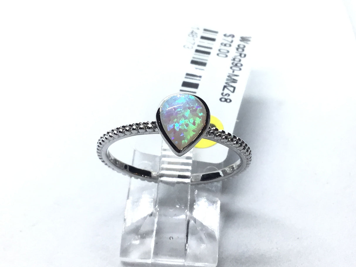 View of White Opal Ring with Textured Band - Pear Shape Sz8