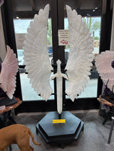 Quartz Warrior Sword & Angel Wings Carving in Fitted Stand