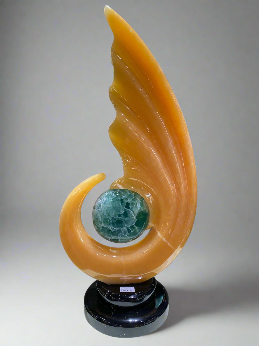 View of Meil Onyx Abstract Sculpture with Fluorite Center and Black Marble Base