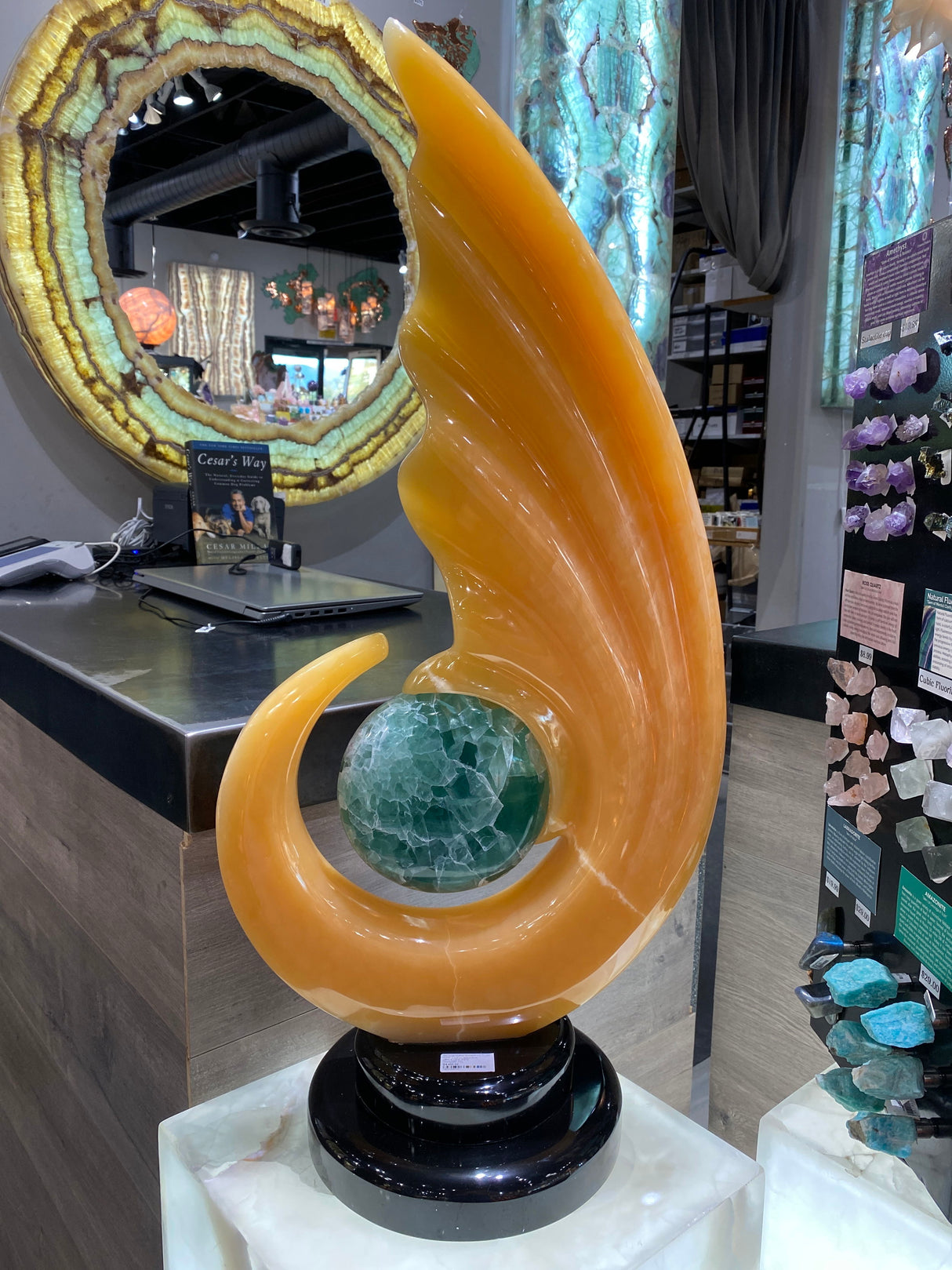 Meil Onyx Abstract Sculpture with Fluorite Center and Black Marble Base