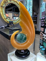 Meil Onyx Abstract Sculpture with Fluorite Center and Black Marble Base