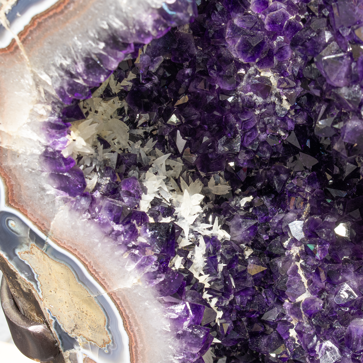 A++ Amethyst Geode Ring Pair with Blue & Red Agate Rim and Calcite Inclusion