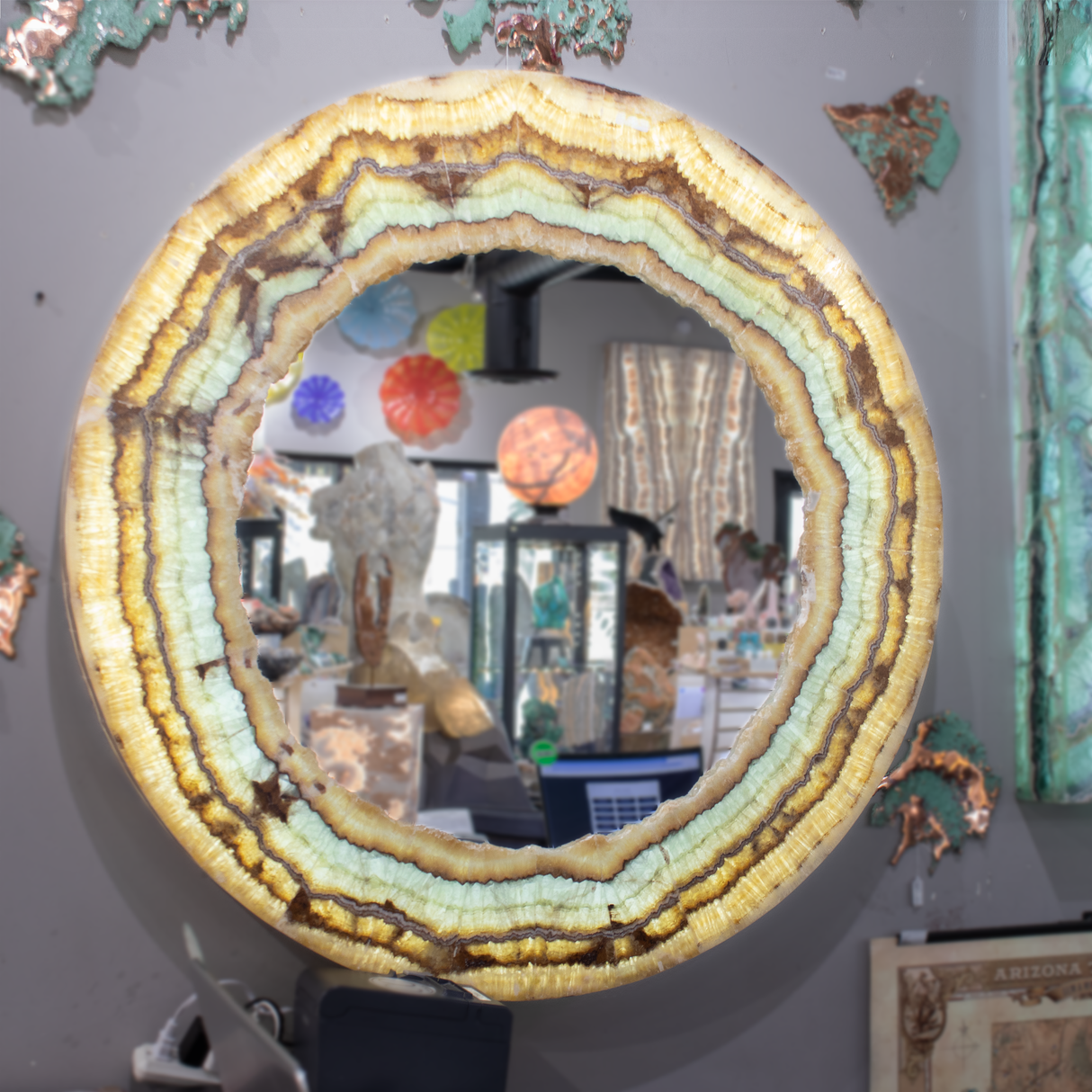 View of Aqua Onyx Mirror - Round With Prominent Scalloped Banding
