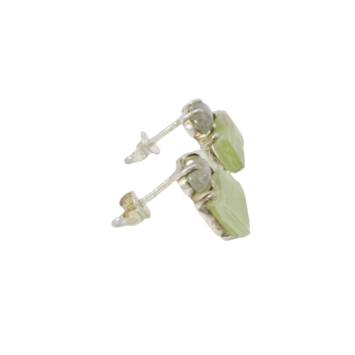 Mint Green Kyanite Stud Earrings with Cabochon of Labradorite Prong set in 925 Sterling Silver